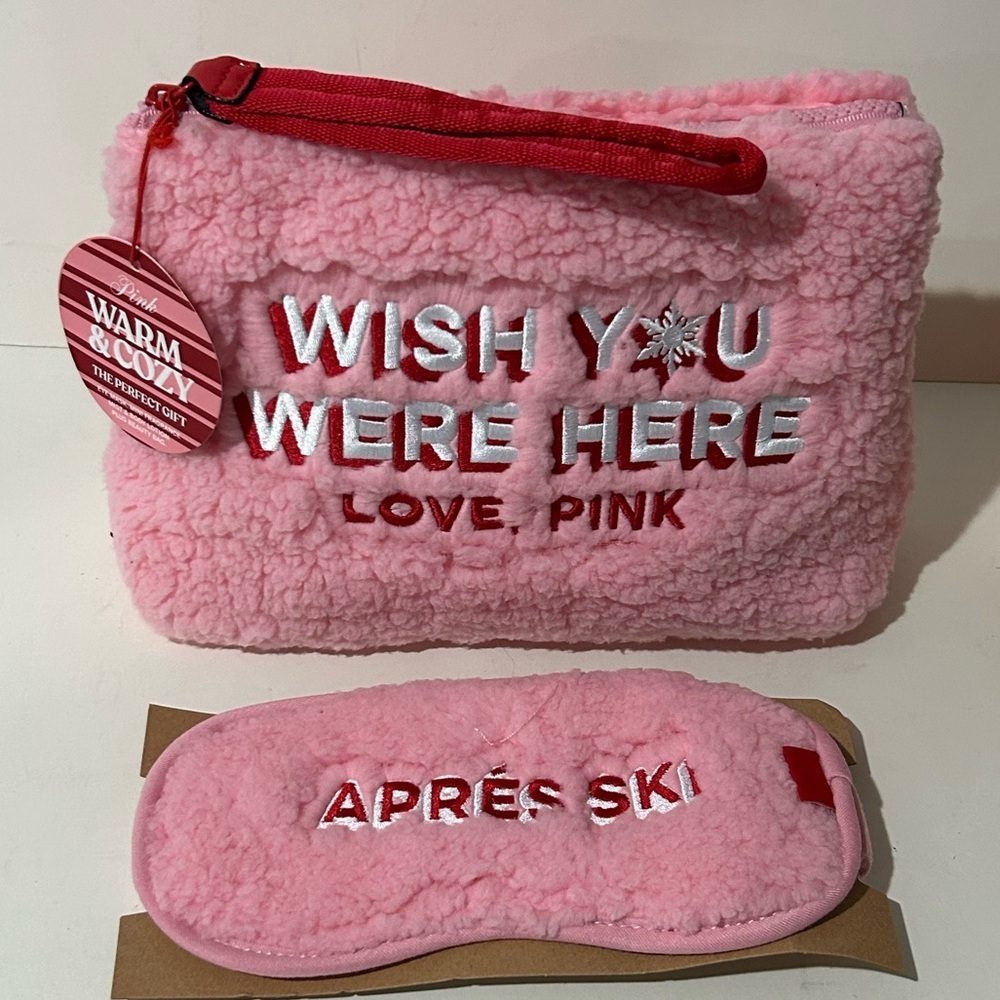 PINK Victoria’s Secret Sherpa Cosmetic Bag + Eye Mask Set NWT - Picture 4 of 8